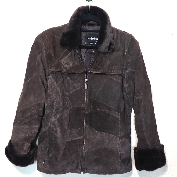 Leather Works Vintage Genuine Leather Patchwork Faux Fur Trim  Brown Size Small - Picture 2 of 12